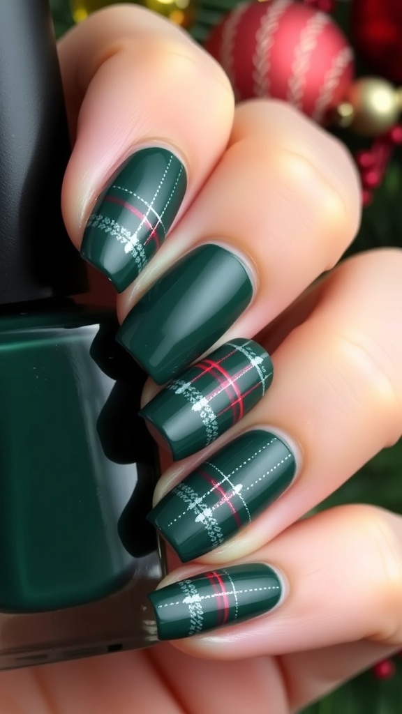 Dark green Christmas nails with plaid design in white and red, surrounded by festive decorations.